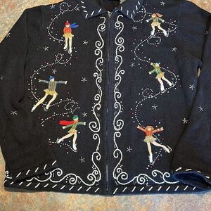 Erika Lg Black Beaded Ice Skater Cardigan Ugly Christmas Sweater